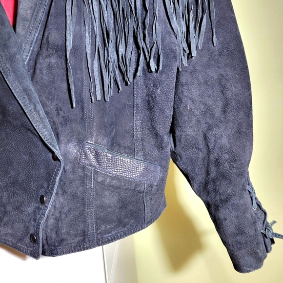 Vintage 80s fringe suede leather crop moto jacket black small medium - Picture 5 of 16